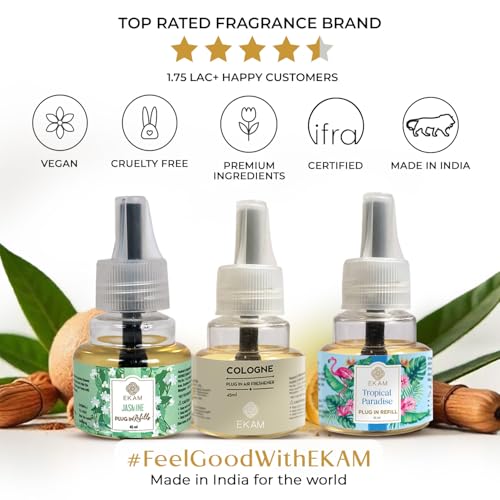 Image of EKAM | Combo Pack Of 3 | Floral, Woody & Fruity Fragrance Scented Plug-In Air Freshener Refill| 45 Ml Each | Lasts up to 125 Days Each / 500 Hours Each | Perfect for Living Rooms, Bedrooms & More
