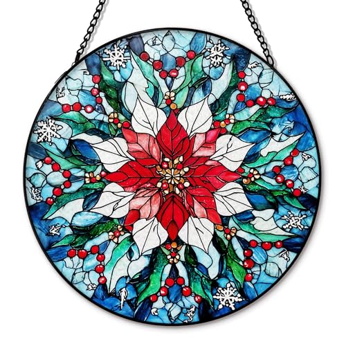 Hxlac Snowflake Christmas Suncatcher Stained Glass Window Hanging, Winter Xmas