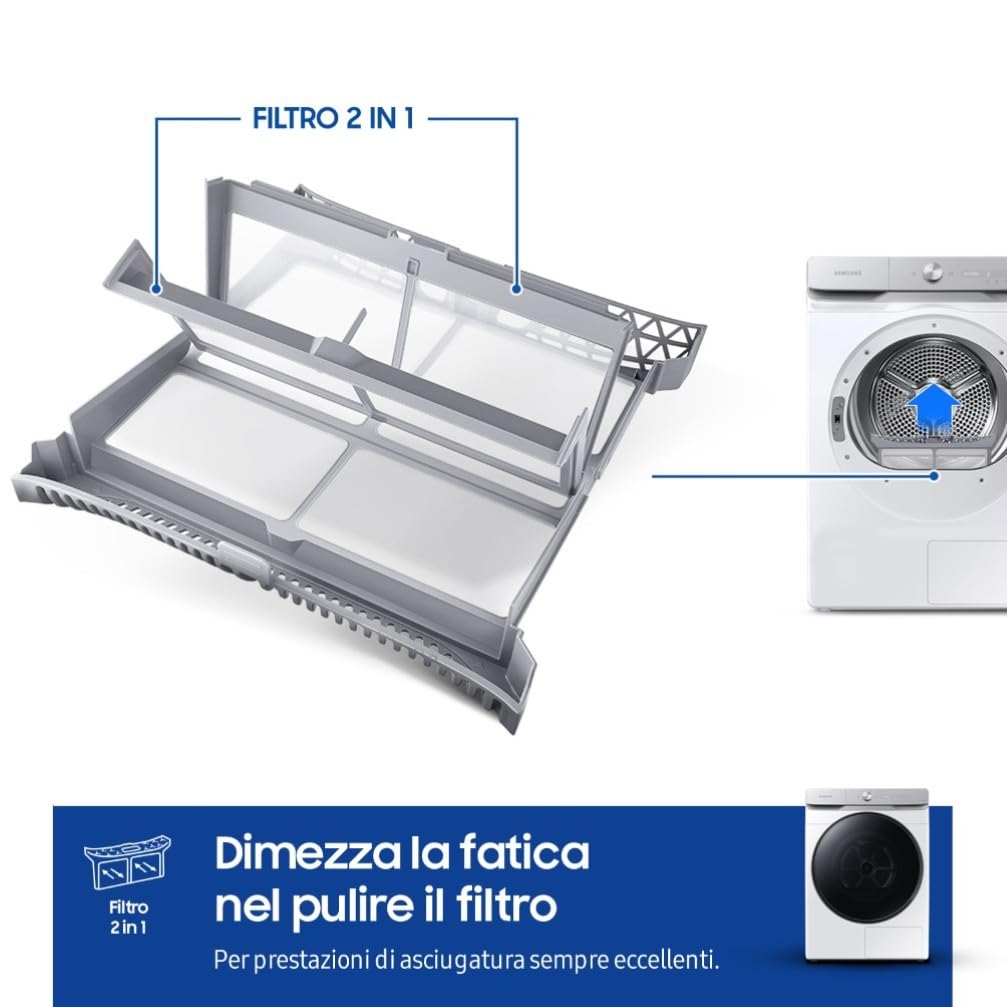 Samsung Asciugatrice DV16DG8600BW/U3, 16 kg, Pompa di Calore, Wifi, AI Dry, Programma Igienizzante, Carica Frontale, 68,6L x 98,4H x 84,4P cm