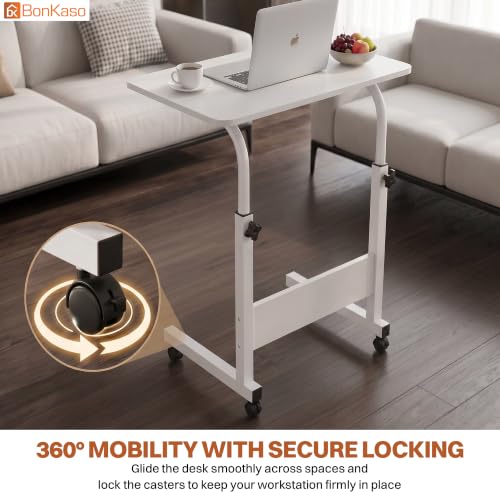 Image of BonKaso Height Adjustable Laptop Table with Wheels, Portable Rolling Computer Desk, Wooden Top, Lockable Casters, Mild Steel Frame, Multipurpose Bed Sofa Study Work Table for Home Office - White