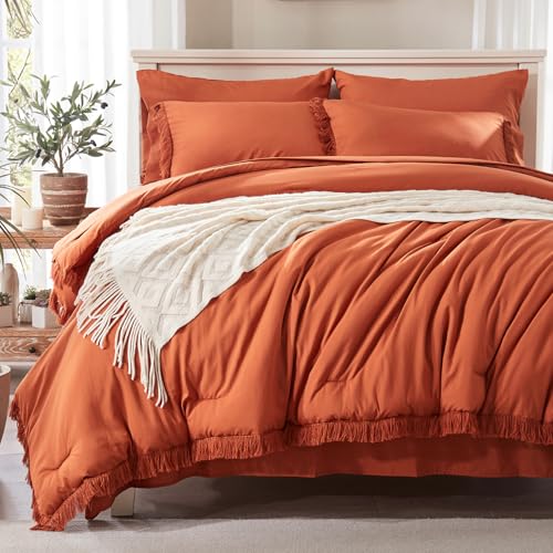 Anluoer Queen Comforter Set 7 Piece with Sheets, Burnt Orange Boho Bed in a Bag Queen, Lightweight Terracotta Bedding Sets