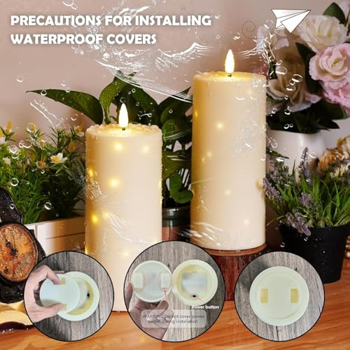 Image of YOROXRG 4 inch x 10 inch Large Outdoor Waterproof Flickering Flameless Candles with Timer,2Pcs Battery Operated LED Pillar Candles with Embedded Star String for Outdoor Lanterns,Porch,Patio Decor(Ivory)