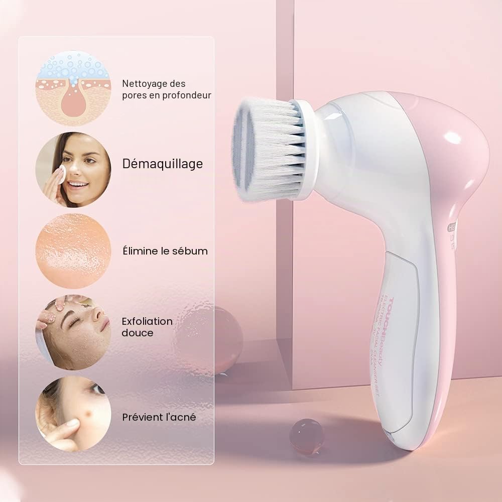TOUCHBeauty Silicone Brosse Nettoyante Visage Électrique Pour Peau Sensible, 3 Têtes Interchangeables Et Étui De Voyage, 2 Vitesses Réglables, Nettoyage Profond Et Exfoliation Douce