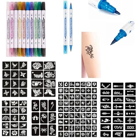 DOWEI Temporary Tattoos Stencils Kits,10 Assorted Colors Body Markers + 131 Large Tattoo Stencils Cosmetic-Grade Temporary Fake Tattoo for Adults Girls Women Kids Teenager Man Cover