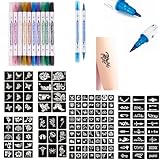 DOWEI Temporary Tattoos Stencils Kits,10 Assorted Colors Body Markers + 131 Large Tattoo Stencils Cosmetic-Grade Temporary Fake Tattoo for Adults Girls Women Kids Teenager Man