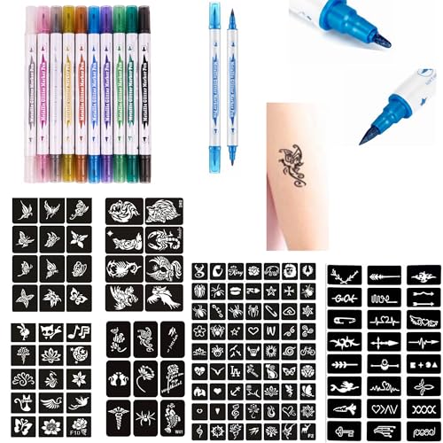 DOWEI Temporary Tattoos Stencils Kits,10 Assorted Colors Body Markers + 131 Large Tattoo Stencils Cosmetic-Grade Temporary Fake Tattoo for Adults Women Man