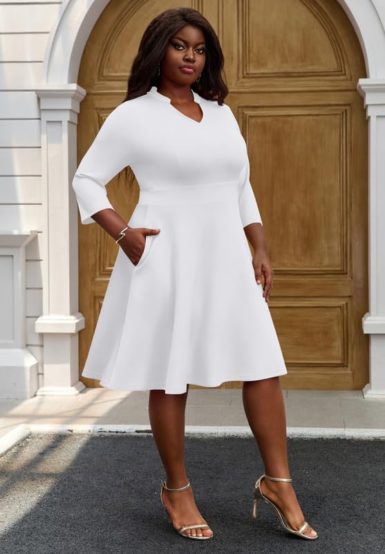 Church Dress for Women V Neck 3/4 Sleeve Midi Causal Cocktail Party A-Line Dresses with Pockets4