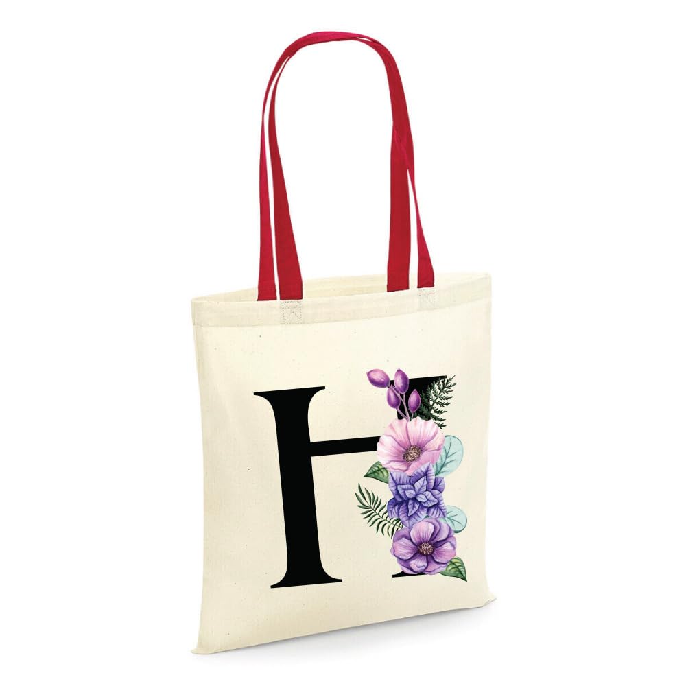 Initial Letters Canvas Cotton Tote Bag with Red handle - Gifts for Birthday - Bridesmaids - Shopping and Parties - Reusable Shopping Bags