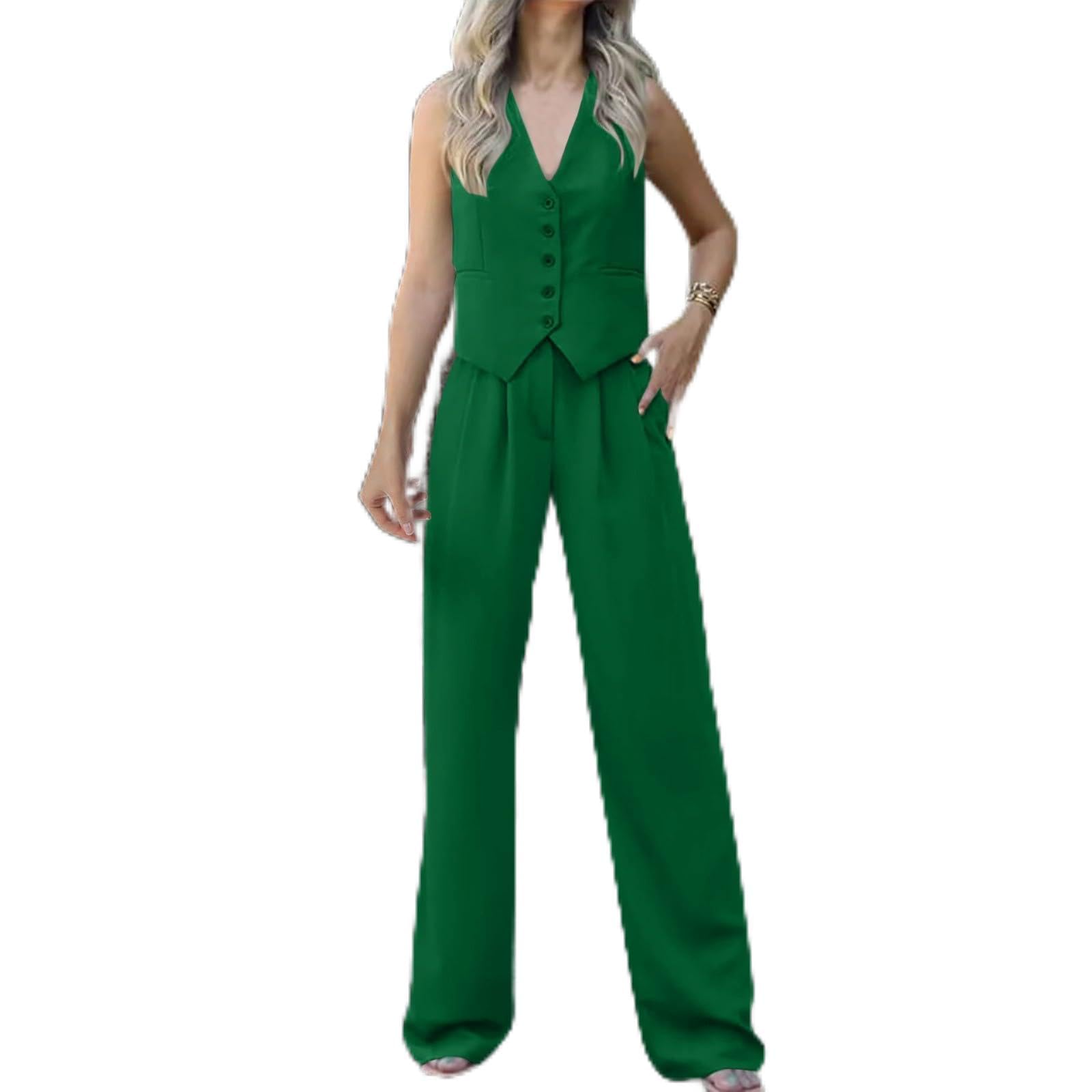 Womens Casual Trousers Suit Stylish Two Piece Outfit with Button Vest and Wide Leg Pants for Modern Women