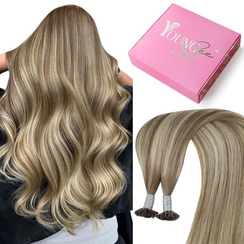 Image of YoungSee K Tip Hair Extensions Real Human Hair Ombre Light Brown Balayage Blonde Ktip Real Hair Extensions Human Hair 24In 1G /S 50G