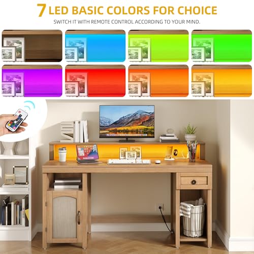 Image of DWVO L Shaped Desk with Drawers, 65 inch Corner Desk Computer Desk with Power Outlets & LED Lights, Home Office Desk with Storage Shelves & Printer Stand, Light Brown