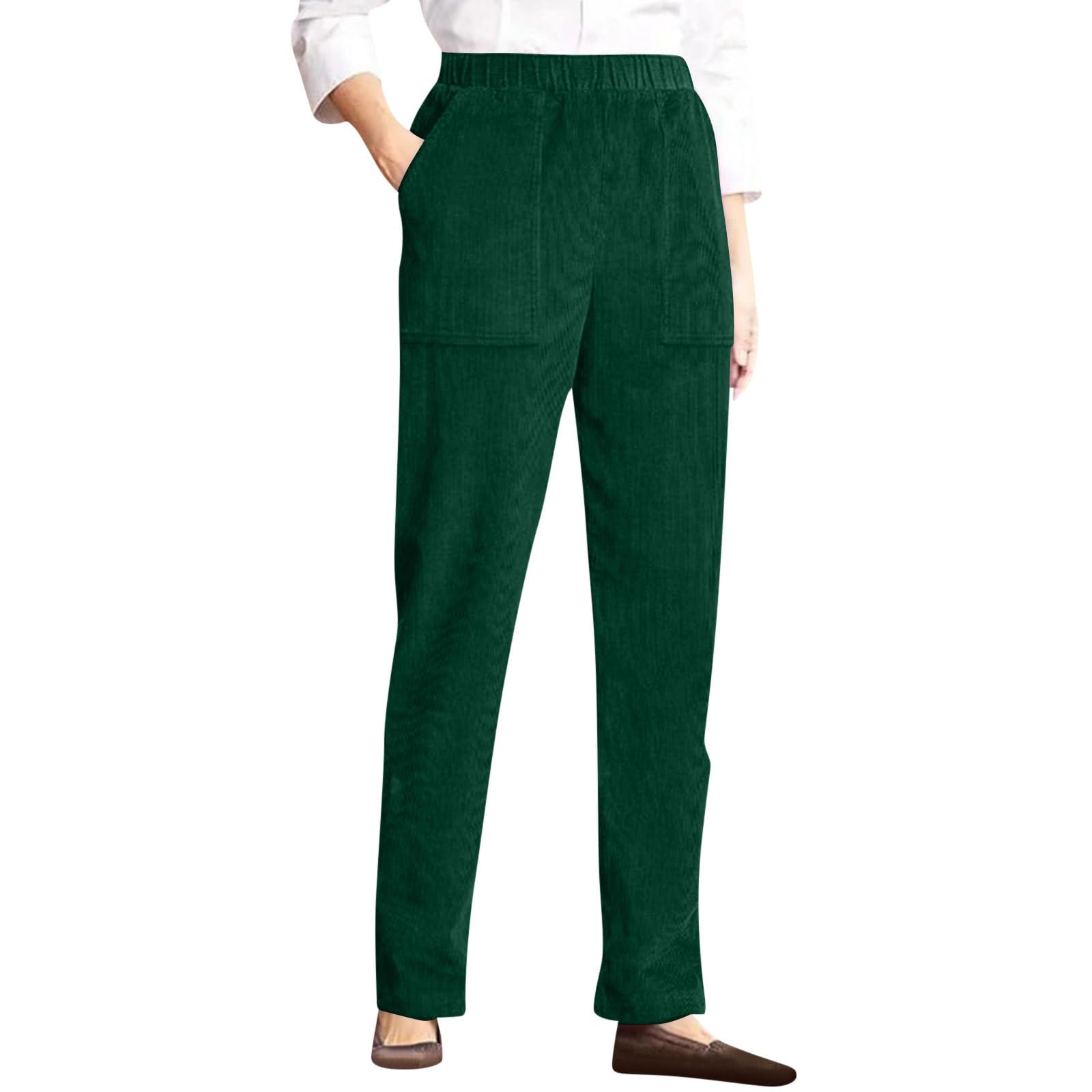 Corduroy Pants for Women Elastic High Waist Pull on Straight Leg Slacks Casual Fall Solid Color Trousers with