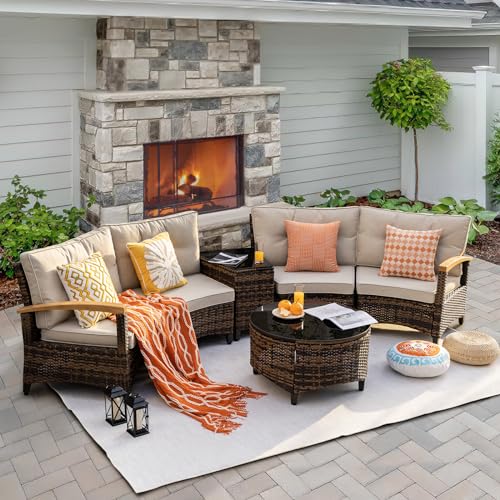 MEISSALIVVE6 Piece Outdoor Patio Furniture Set, Half-Moon Curved Sectional Sofa Rattan Patio Conversation Set with Wood Armrests, Tempered Glass Round Coffee Table & Side Table(Beige)