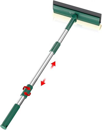 Escobilla para limpieza de ventanas con mango largo de 60 pulgadas, esponja limpiadora de ventanas 2 en 1 y goma de hoja de doble cara, herramienta