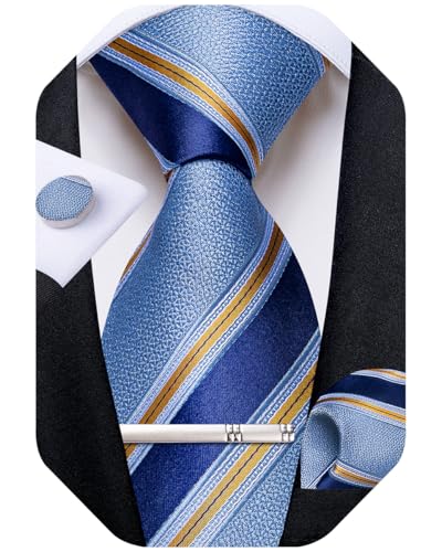 Image of DiBanGu Mens Tie Silk Plaid Striped Necktie and Pocket Square Cufflinks Tie Clip Set with Gift Box Formal Wedding Party