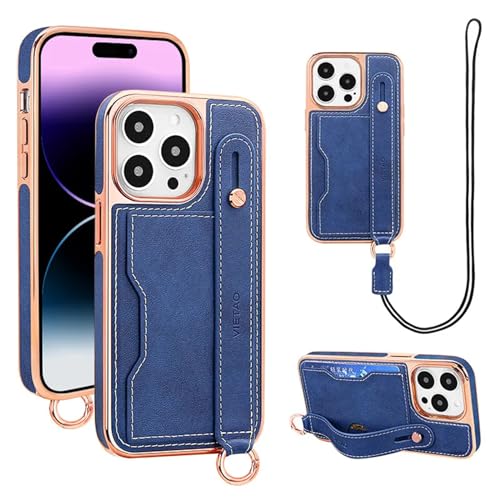 Coque iPhone 15 bleu avec béquille et lanière pour voyager et photographier les mains libres