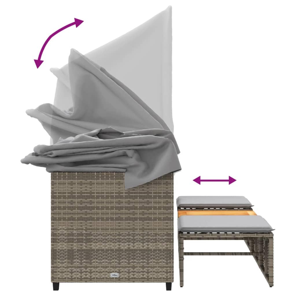 3-osobowa sofa outdoorowa z wysuwanym dachem, 2 taborety i stół, zestaw mebli ogrodowych z szarego polirattanu, odporna na działanie promieni UV, odporna na warunki atmosferyczne, na taras