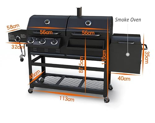 4 Burner Portable Grill, Dual Fuel Combination Charcoal/Gas Outdoor BBQ Cooking with Side Burner, Lid, Wheels, Shelves, 48,000 BTU (Black)