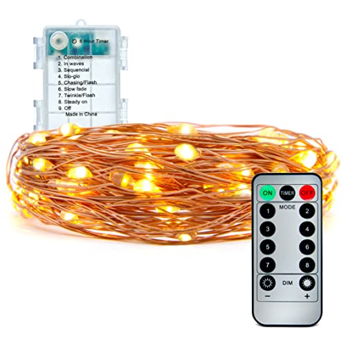 33 FT Folks Fairy Lights Battery Operated String Lights, 100 LED Lights, Indoor-Outdoor, Water Resistant Copper String Lights Battery String Lights. Remote Control 8 Modes for Parties, Bedroom DÃ©cor