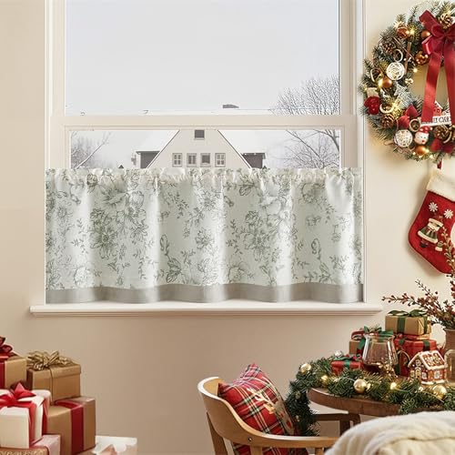 TOPICK Floral Kitchen Curtains Short Cafe Curtains Blackout Double Layer Curtain Valance for Sink Living Room Cabinet Small Window Rod pocket 1 Panel Green on Beige 18 Inch Drop