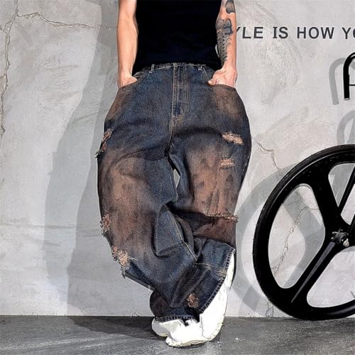 Men’S Vintage Hip Hop Loose Fit Baggy Ripped Stacked Harem Denim Pants Full Length Button Fly Distressed Skateboard Wear3