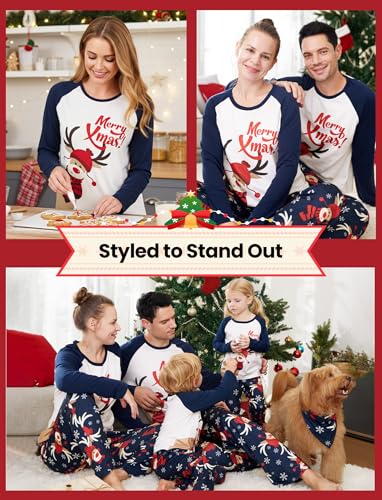 PATPAT Family Christmas Pajamas Matching Sets Navy Blue Reindeer PJs Merry Xmas Print Holiday Sleepwear with Socks, Matching Christmas Pajamas for Family Adults and Pet3