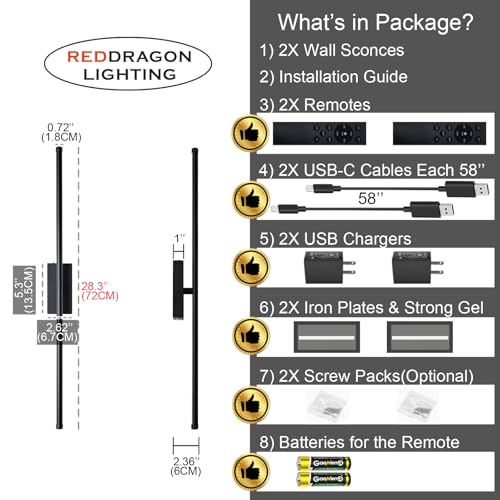 Easy Install Peel and Stick on Battery Operated Wall Sconces Set of 2 Rechargeable, Magnetic Linear Wall Sconce Wireless Long Picture Vanity Wall Light for Living Room Bedroom (2 Pack, 28.3'', Black)