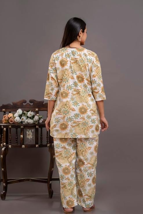 Image of Pure Cotton Printed Night Suit Set | Top Pyjama Set for Women | Night Dress of Kurta Pyjama Set for Women | Kurta Top Set