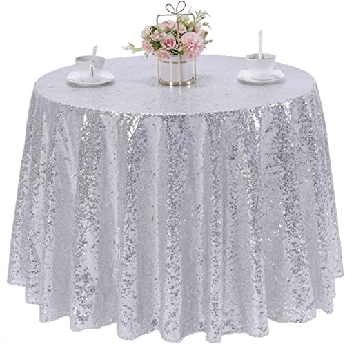 WISPET Silver Sequin Tablecloth 132" Round Sparkly Drape Table Cloths Table Cover Overlay for Wedding Birthday Party Baby Bridal Shower by WISPET - Image 3