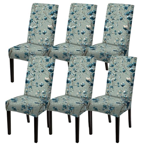 Image of Nuxovilar Blue Flower Light Gray Stretch 23.6x70in 6PCS Chair Covers | Stretch Slipcover Elegant Protector Floral Wrap Seat Guard Dining Room Modern Living Peaceful Space (Blue Floral)