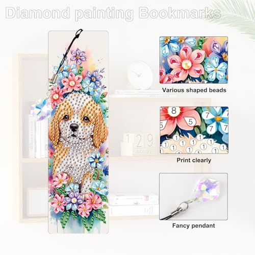 Image of 4 Pieces Diamond Art Painting Bookmarks for Adults 5D Floral Rhinestone Bookmarks Animal Dog Art Bookmarks DIY Diamond Painting Bookmarks with Tassels Crafts Supplies