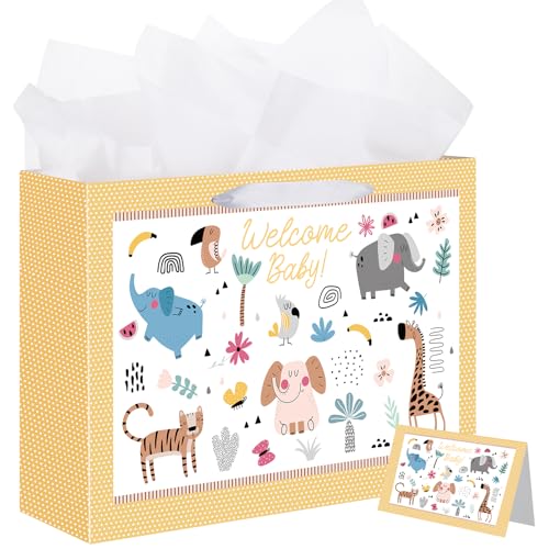 woric 14.5' Baby Gift Bag for Baby Shower with Tissue Paper and Greeting Cards for Boys Girls Birthday Party(Cute Animals)