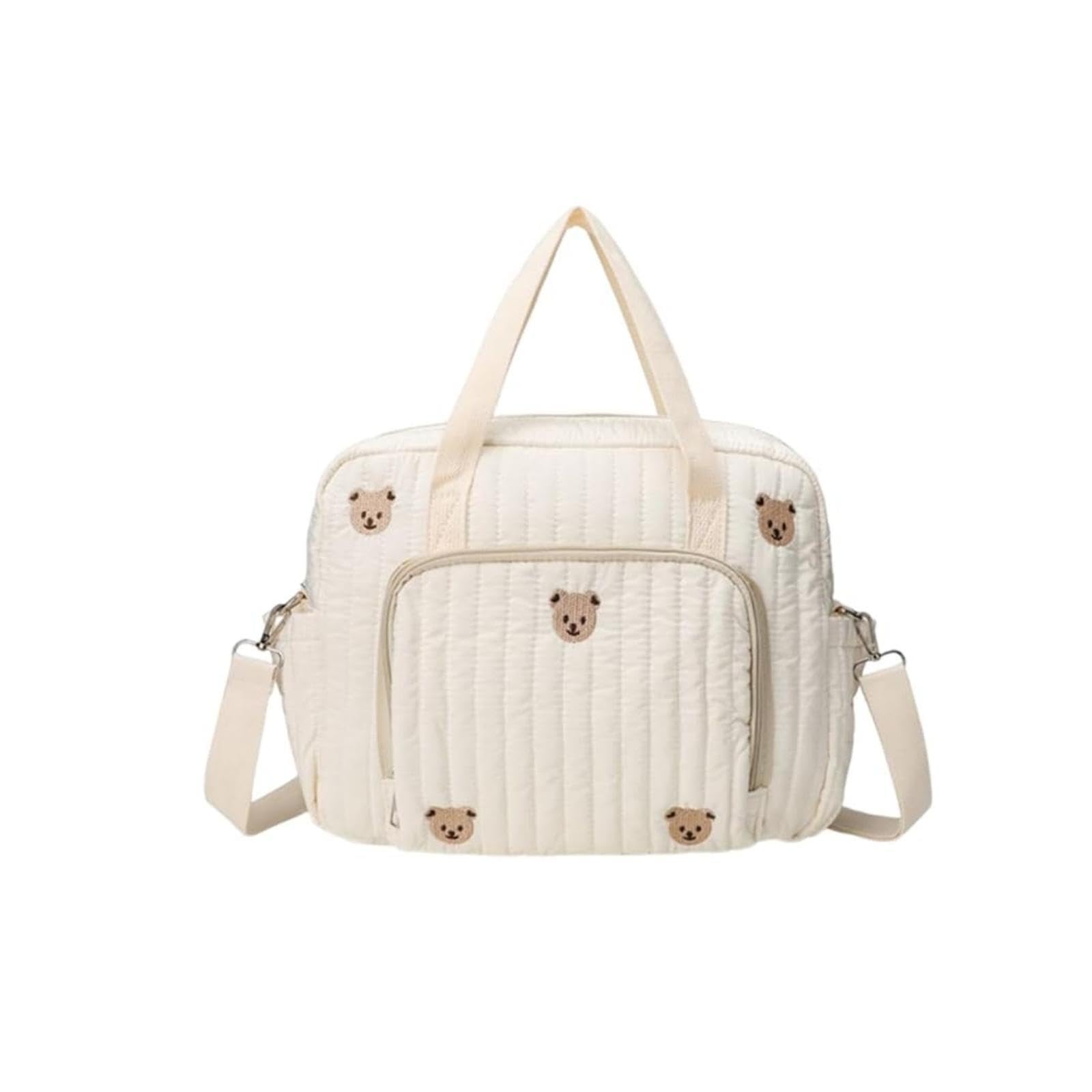 Bear/Flower Quilted Baby Nappy Bag - quilted tote bag, Large Capacity Cotton Diaper Tote with Adjustable Strap, Multifunctional Travel Messenger Bag for Maternity and Baby Changing (Bear)