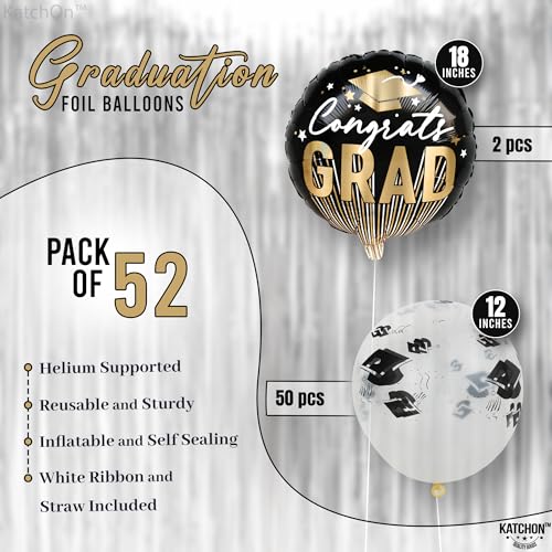 KatchOn, Black and Gold Congrats Grad Balloons Set - Pack of 52, Clear Graduation Balloons | Class of 2025 Decorations | Grad Party Decoration | Black and Gold Graduation Decorations 2025