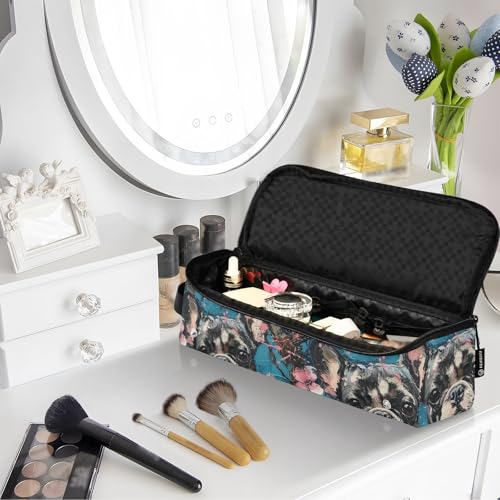 Bolsa de viaje para herramientas de cabello para mujer con tapete removible resistente al calor, bolsa de doble capa para plancha alisadora y accesorios de cuidado capilar, diseño Flor de Cerezo French Dog miniatura 7