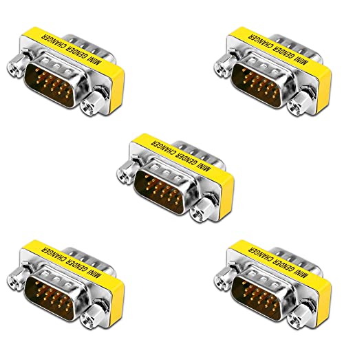 iYueMps 5Pack VGA Gender Changer, HD15 VGA SVGA 15Pin Male to Male Mini Coupler Adapter, Silver with Black