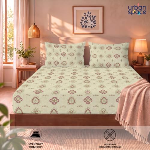 Image of Urban Space 144 TC Divine 100% Cotton Bedsheet for Double Bed with 2 Pillow Covers, Queen Bedsheet (Size 90 x 100 inches, Aabha-Butter Cream, Double)