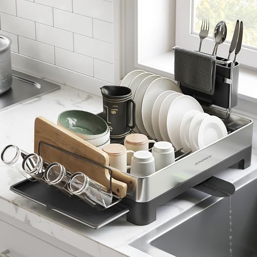 Image of SONGMICS Dish Drying Rack, Stainless Steel, Extendable Spout | Dish Drainers for Kitchen Counter, Fingerprint-Resistant, 12.4 x 23.1 In, Ink Silver and Black, PAXTON Collection UKCS030B01