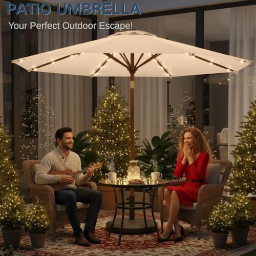 Image of 9' Solar LED Patio Umbrella with Tilt & Crank|8 Sturdy Ribs,UV Protection,Outdoor Market Table Umbrella for Deck,Lawn,Pool,Backyard (Khaki)