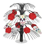 Mide 35,5 cm de alto, esta cascada tiene un tallo negro decorado con rosas rojas y calaveras de cartulina.