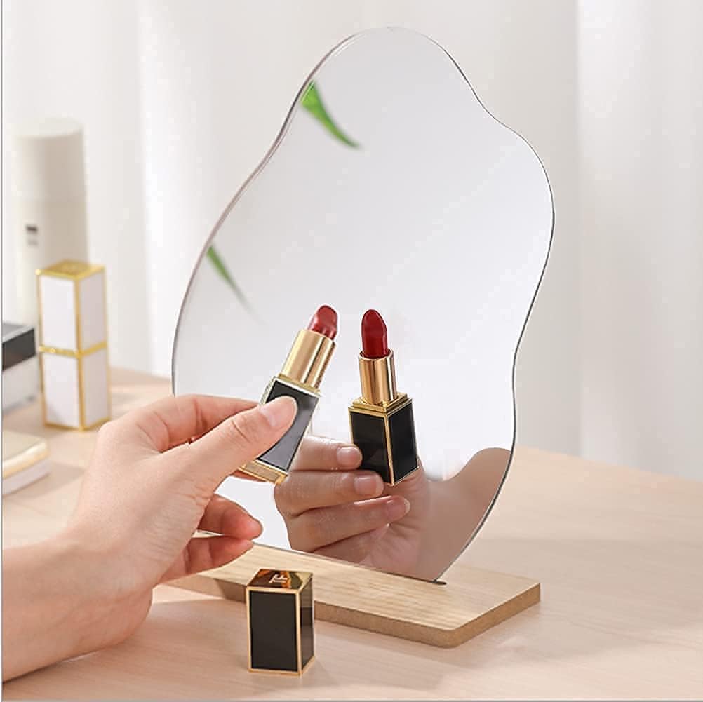 ウェーブミラー ウッドスタンド付き アクリル 韓国風 割れない鏡 ルームミラー 不規則 おしゃれ インテリア 化粧鏡 インスタ映え プレゼント(波型)