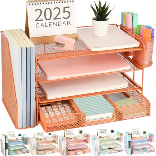 Image of gianotter Paper Letter Tray Organizer with File Holder, 4-Tier Desk Accessories & Workspace Desk Organizers with Drawer and 2 Pen Holder for Office Supplies (Orange)
