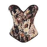 SHYMMUO Daisy Floral Print Overbust Corset Top Sexy Fashion Lace Up Boned Cotton Waist Shaper Camel 2XL