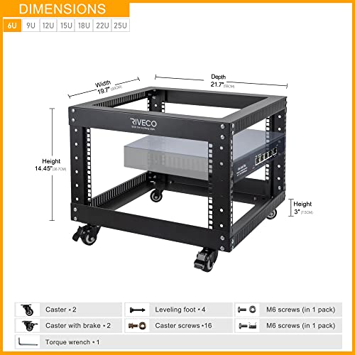 Riveco 6U Open Frame Server Rack With Wheels- Heavy Duty 4 Post Quick Assembly 19-Inch Support 600Kg Equipment Home Network Cabinet Black #TOP2