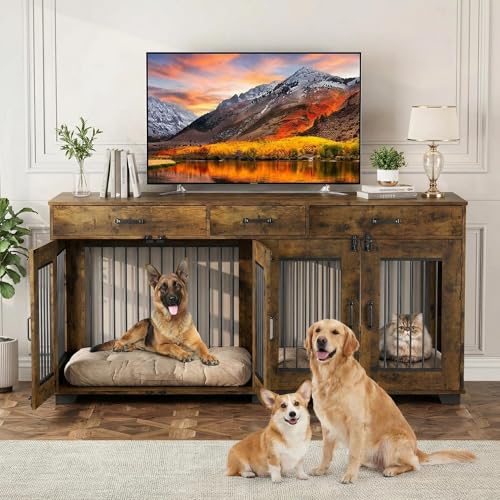 Dog Crate Furniture 71" XXL, Double Dog Kennel TV Stand with Removable Divider & 3 Storage Drawers, Furniture Style Extra Large Dog Crate for 2 Large Medium Dogs, Wooden Indoor Pet Crate End Table