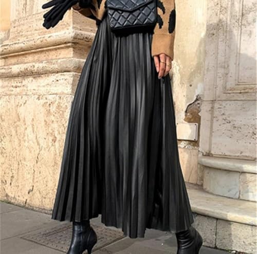 Women Faux Leather Pleated Skirt Fashion High Waist A Line Midi Skirt Casual Office Wear3