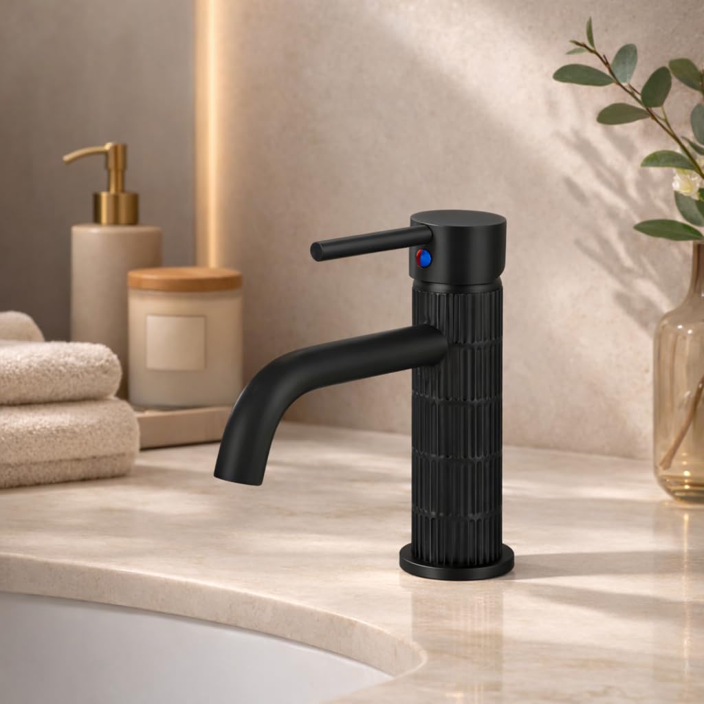 Grifo de lavabo monomando con cuerpo de latón, mezclador para baño, acabado negro mate, cartucho cerámico duradero (Negro mate, Estándar) — view 2