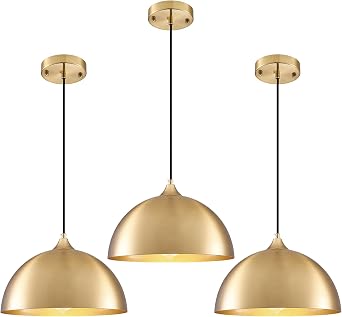Gold Pendant Light 11.8", Industrial Dome Pendant Lights with Gold Interior, Adjustable Farmhouse Hanging Light for Kitchen Island Dining Room Bedroom Restaurant, 3 Pack