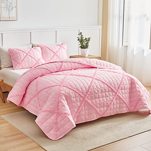 Aikasy Queen Size Quilt Set – 3 Piece Farmhouse Bedding Set With Ruffle, Lightweight Quilt And Pillow Case, Boho Chic Bedding Set For Adding Bohemian Style (Pink, 88"X88") #TOP2