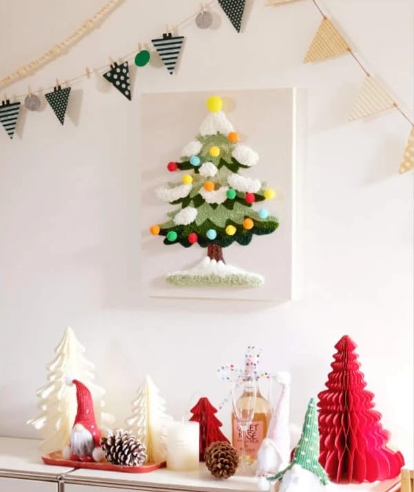 Image of Jxueych DIY Festive Christmas Tree Punch Needle Kit - Embroidery Starter Kits for Beginner, Punch Needle Fabric with Pattern, Adults Craft Christmas Gift (Excluding Photo Frame) (Green)